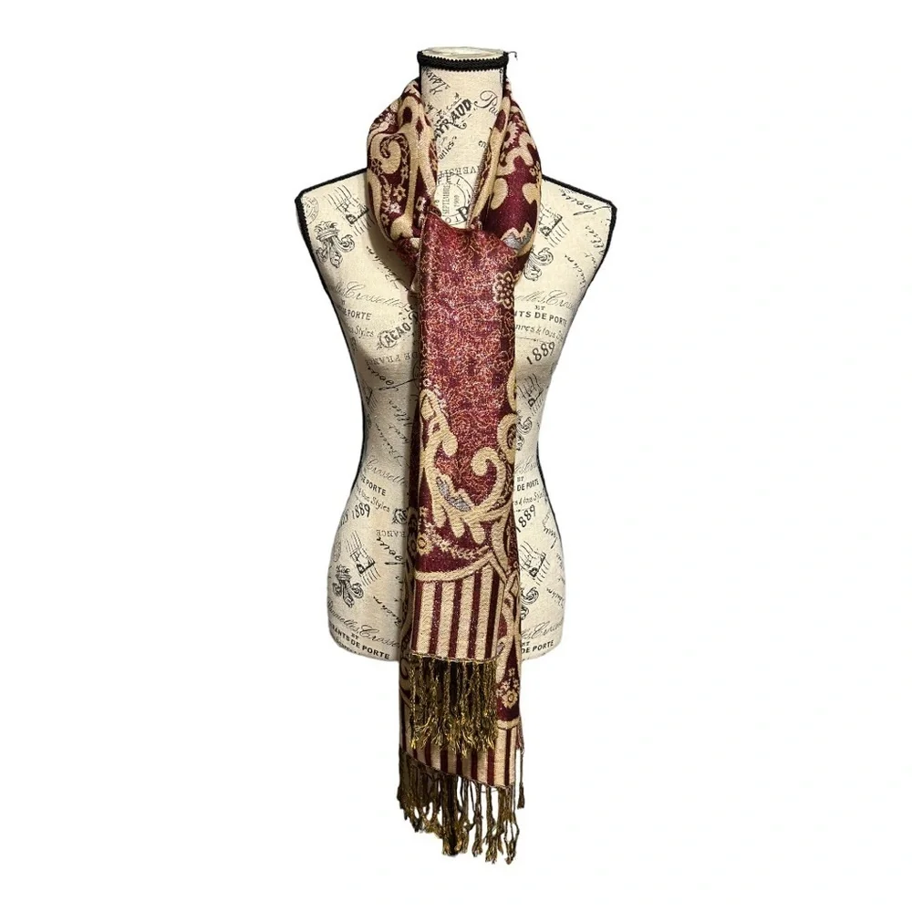 Pashmina Indie’s Fine Wool Scarf Burgundy Metallic Fringe Lightweight Neck Wrap